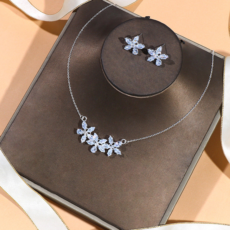 Flower Jewelry Suit Zircon Necklace Earrings