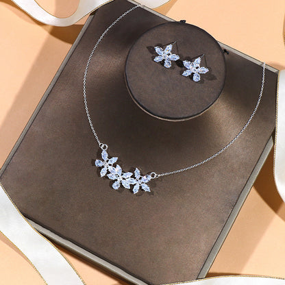 Flower Jewelry Suit Zircon Necklace Earrings