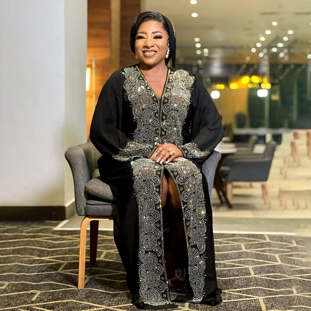 Dress Middle East Muslim Style Robe Fashion V-neck Hot Drilling