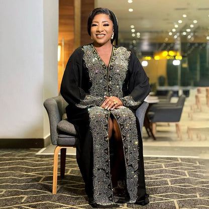 Dress Middle East Muslim Style Robe Fashion V-neck Hot Drilling