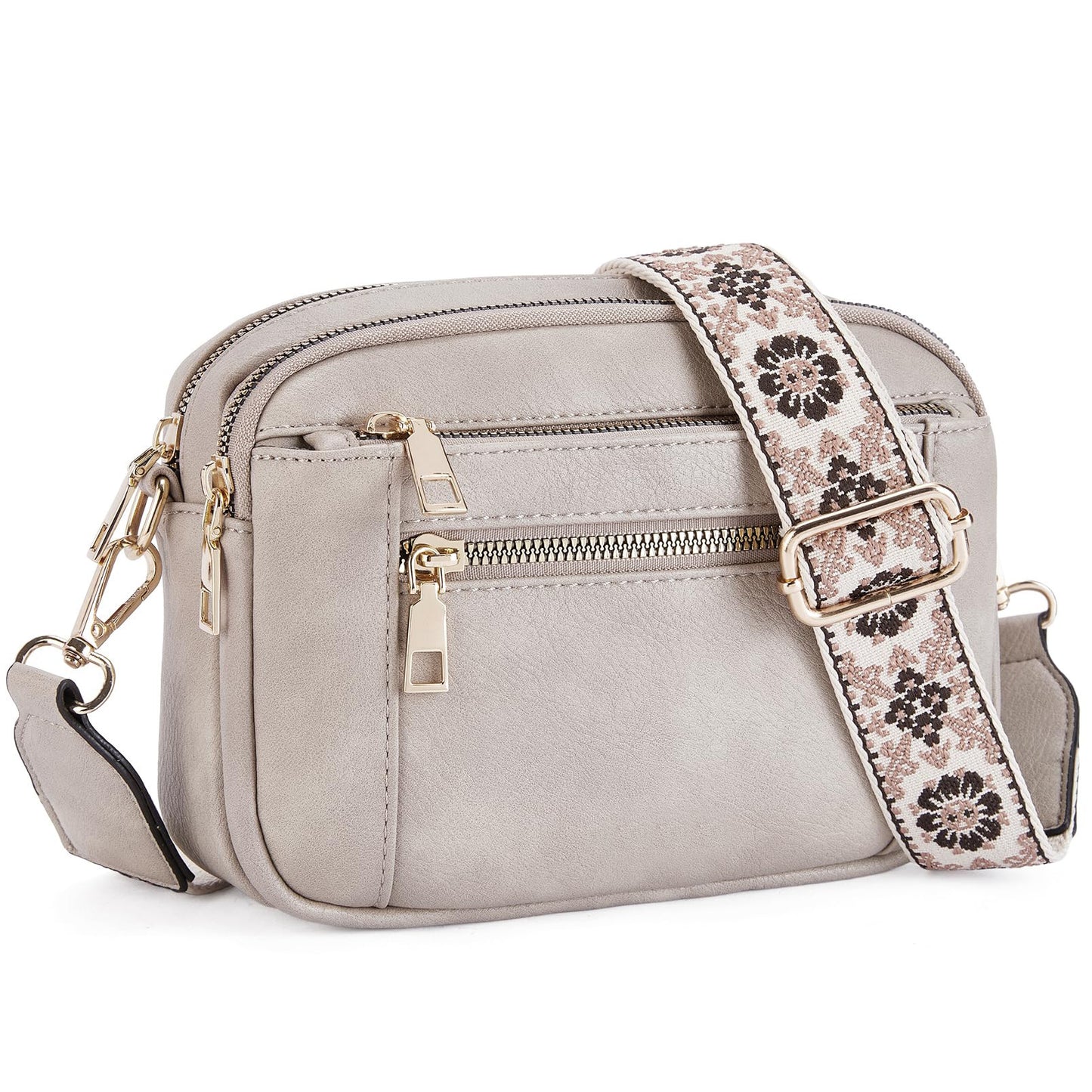 Triple-zipper Shoulder Bag With Floral Embroidered Straps Fashion Colorblock Multi-functional Crossbody Bags For Women
