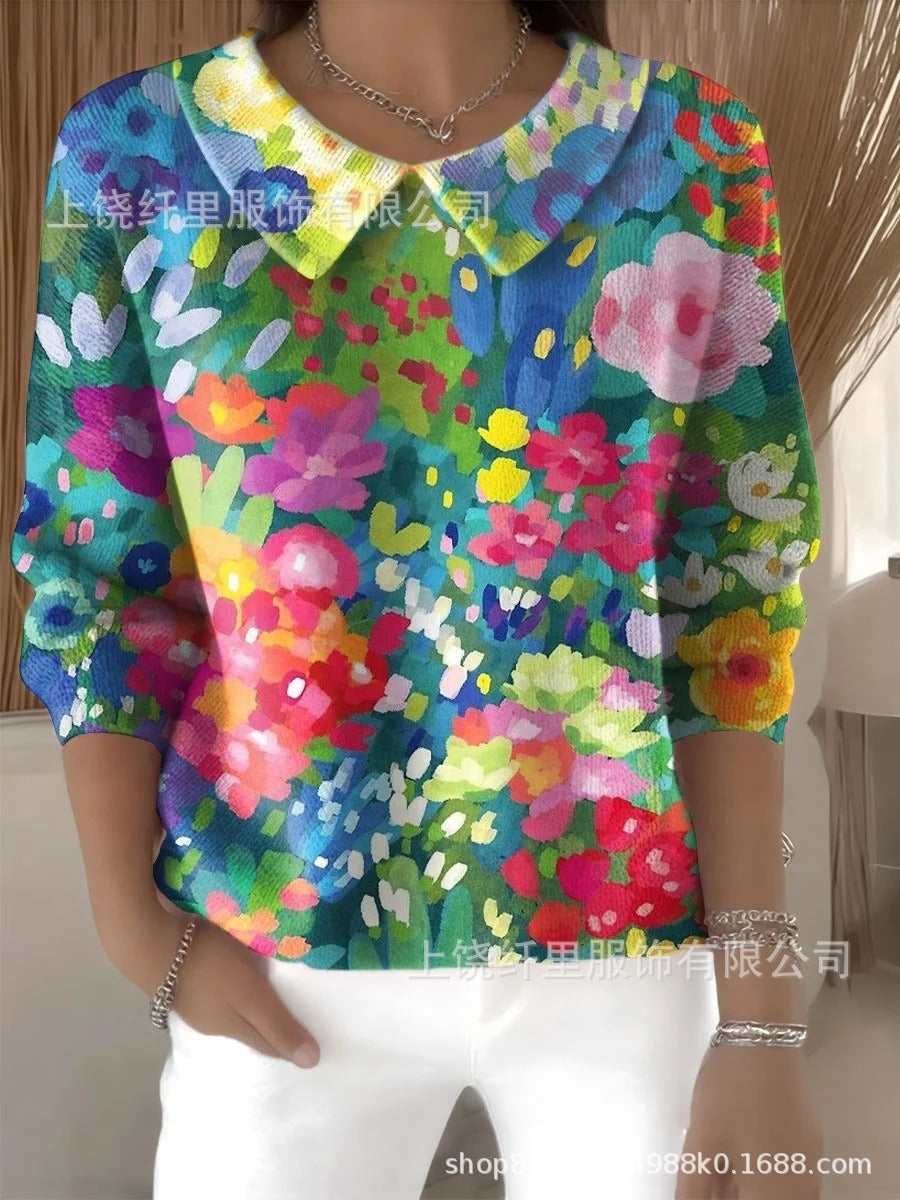 Women's Polo Collar Solid Color V-neck Long Sleeve