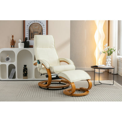 PU Upholstered Massage Recliner With Ottoman Footstool, 5 Points Massager, Bentwood Base For Living Room Bedroom, Beige