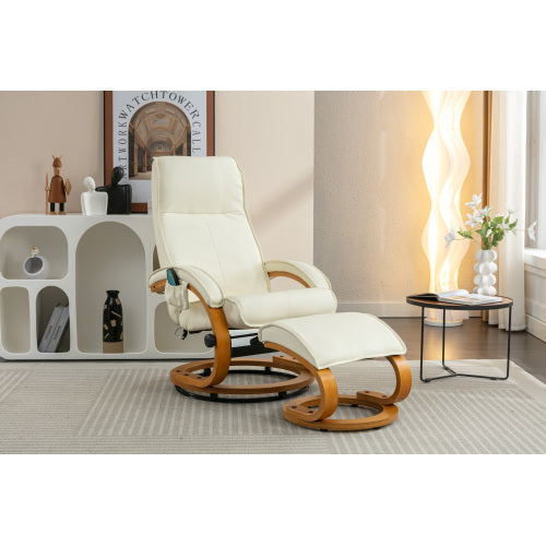 PU Upholstered Massage Recliner With Ottoman Footstool, 5 Points Massager, Bentwood Base For Living Room Bedroom, Beige