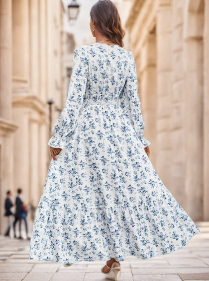 Floral Print Flounce Sleeve Shirred Dress Maxi Women Outfit