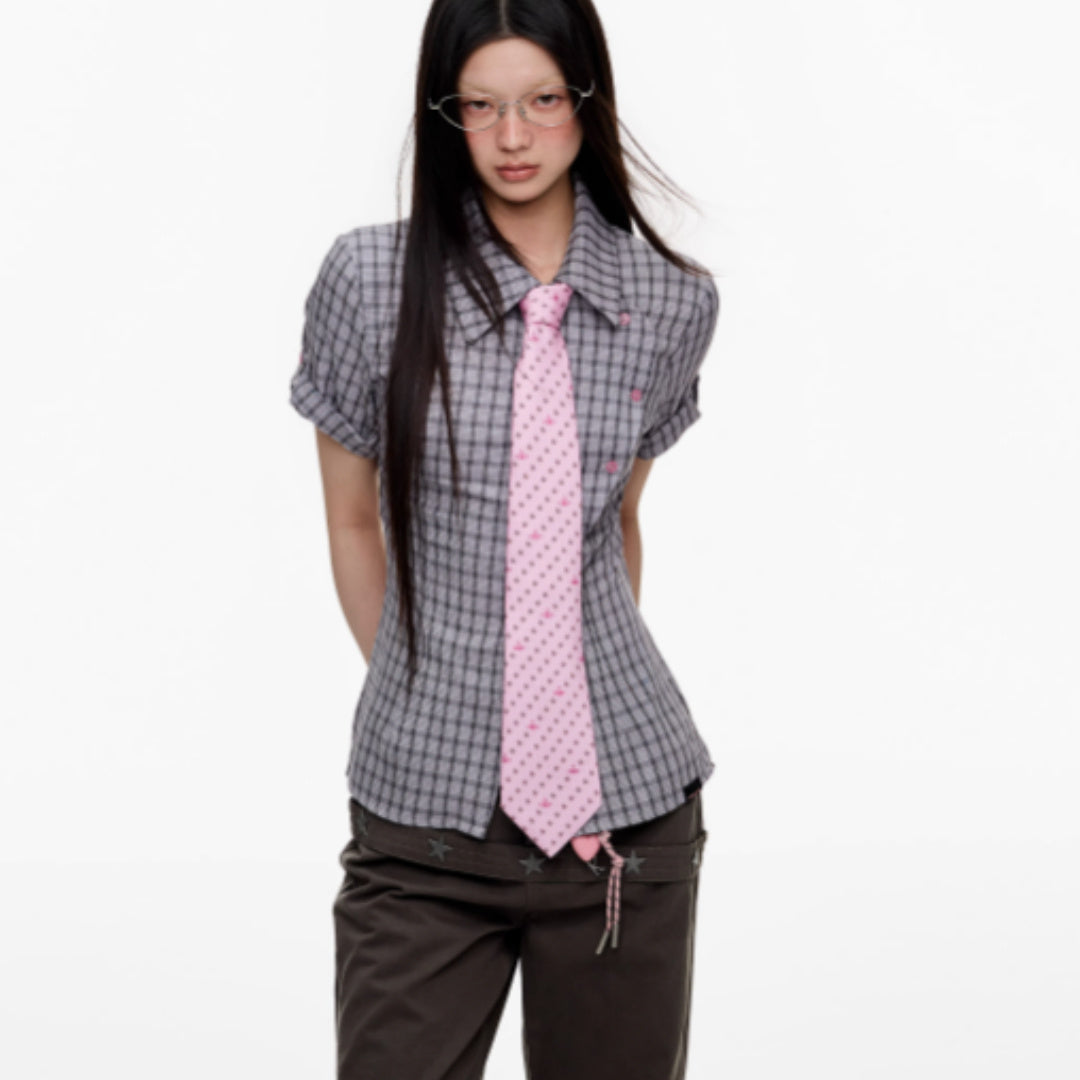 Short Sleeved Checkered Slimming Shirt For Women