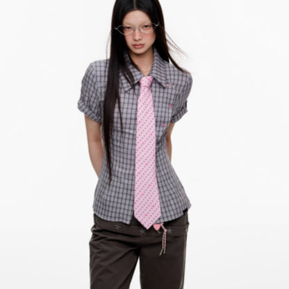 Short Sleeved Checkered Slimming Shirt For Women
