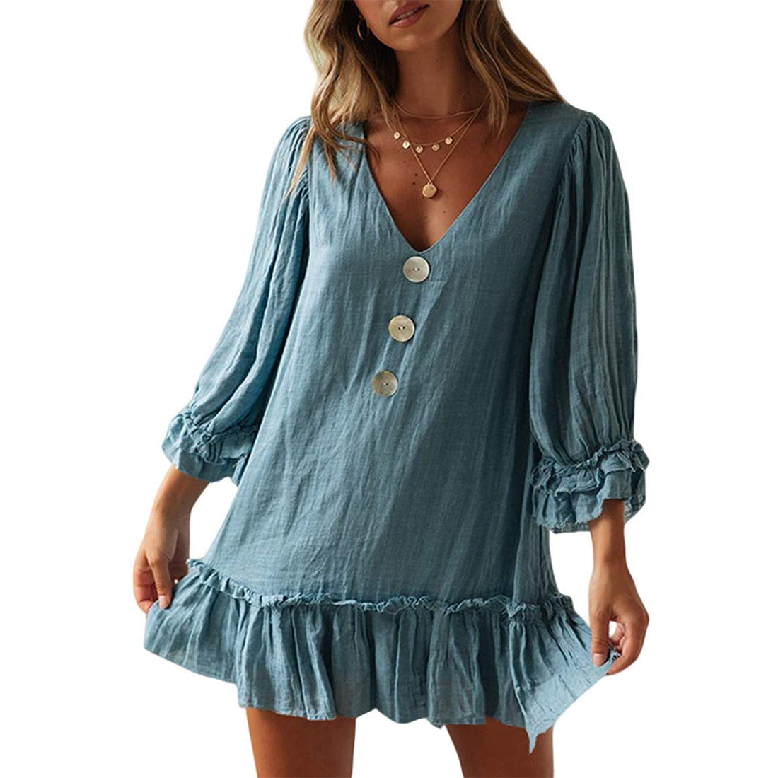 Women's Fashion Loose-fitting Long Sleeves Ruffled Hem Cotton Linen Dress