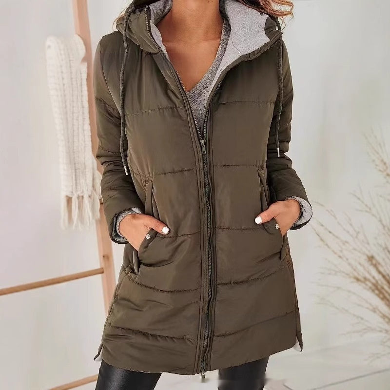 Women's Hooded Solid Color Pocket Long Cotton Jacket Coat