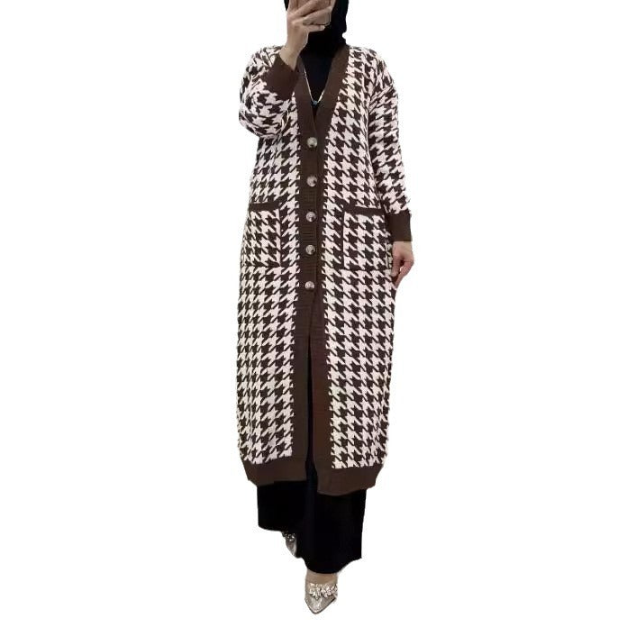 Women's Middle East Muslim Houndstooth Woolen Cardigan Jacket