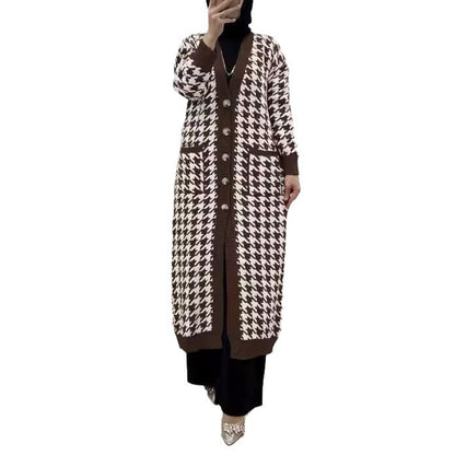 Women's Middle East Muslim Houndstooth Woolen Cardigan Jacket