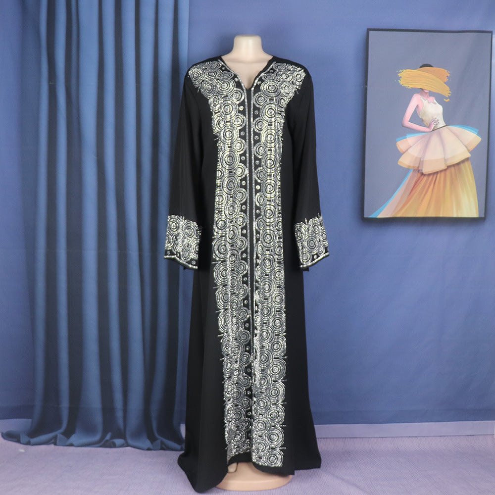Dress Middle East Muslim Style Robe Fashion V-neck Hot Drilling