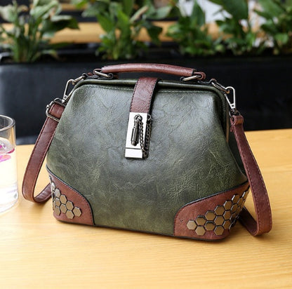 Women Handbag Leather Small Doctor Bag Women Shoulder Bag Female Crossbody Handbag Lock Chain Rivets Girls Vintage Women Bags