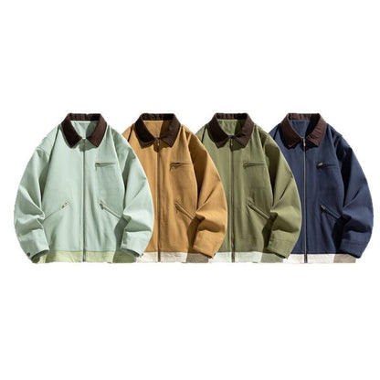 American Retro Workwear Autumn Loose Contrast Color Lapels Couple Jacket