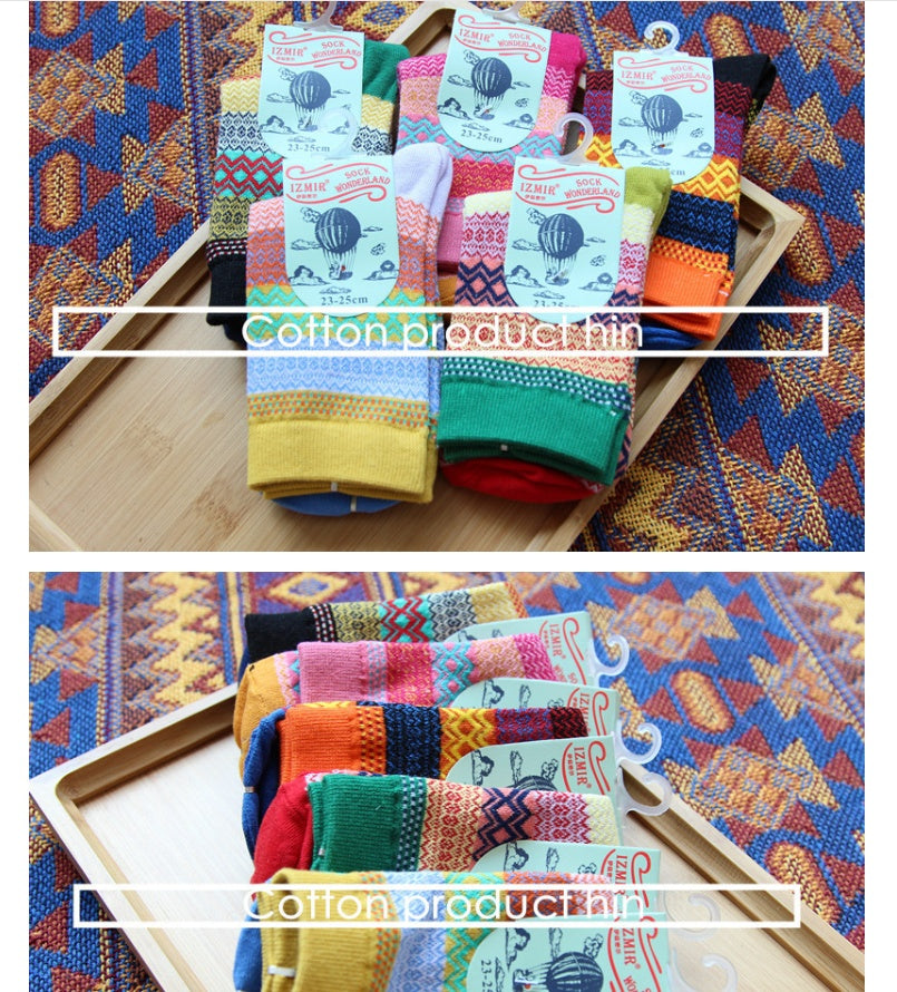 Vintage ethnic wind tube female socks horizontal strip double road socks cotton socks socks