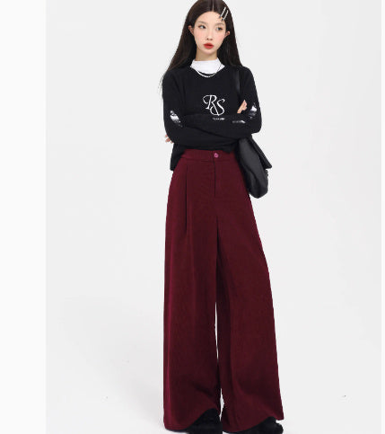 Thick Red Corduroy Wide Leg Pants For Women