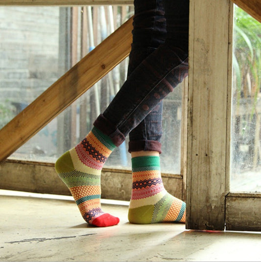 Vintage ethnic wind tube female socks horizontal strip double road socks cotton socks socks