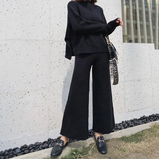 Drape Knitted Wide Leg Pants Suit Two Piece Women