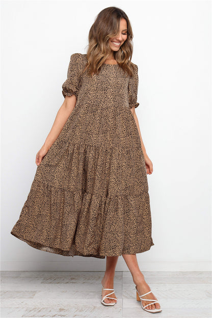 Puff Sleeves Plaid Polka Dot Stitching Loose Dress Long Skirt