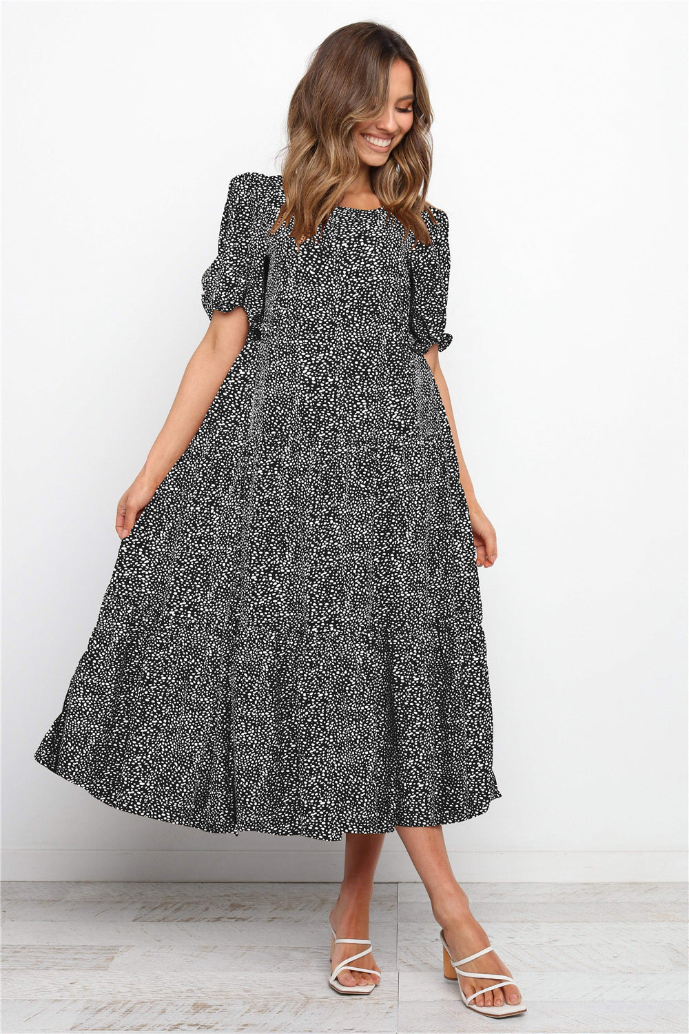 Puff Sleeves Plaid Polka Dot Stitching Loose Dress Long Skirt
