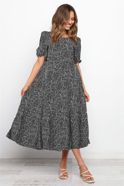 Puff Sleeves Plaid Polka Dot Stitching Loose Dress Long Skirt