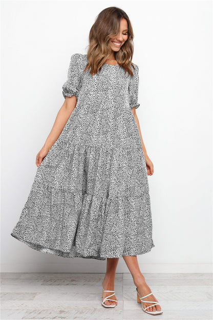 Puff Sleeves Plaid Polka Dot Stitching Loose Dress Long Skirt