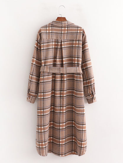 Autumn Large Profile Waist Coat Wool Plaid Long Coat Women