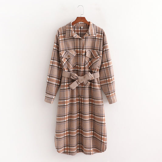 Autumn Large Profile Waist Coat Wool Plaid Long Coat Women