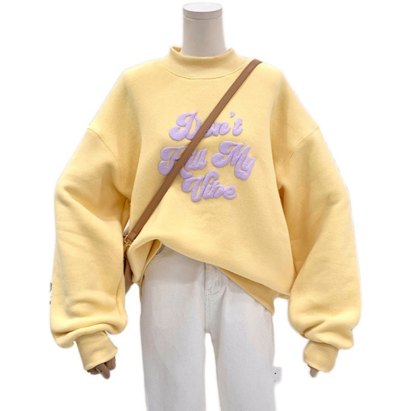 Clash Color Loose And Thick Half Turtleneck Pullover Hoodie Lady