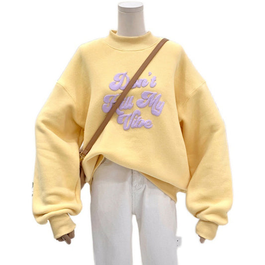 Clash Color Loose And Thick Half Turtleneck Pullover Hoodie Lady