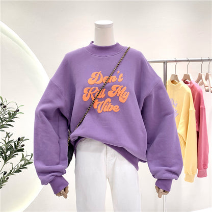 Clash Color Loose And Thick Half Turtleneck Pullover Hoodie Lady