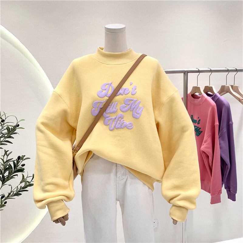 Clash Color Loose And Thick Half Turtleneck Pullover Hoodie Lady