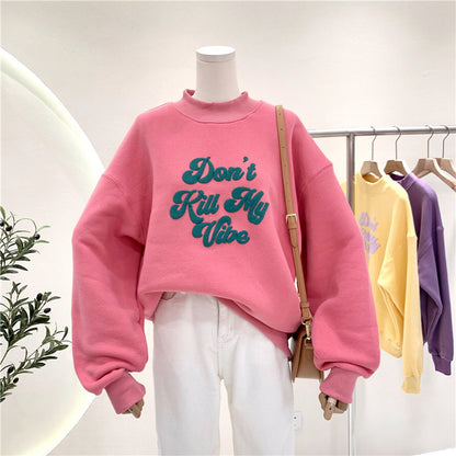 Clash Color Loose And Thick Half Turtleneck Pullover Hoodie Lady