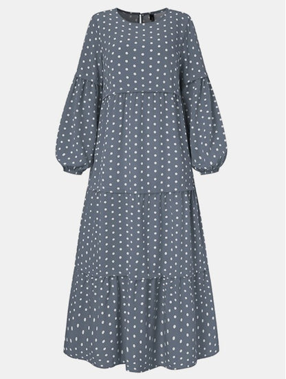 Polka Dot Print Round Neck Puff Long Sleeve Stitching Maxi Dress