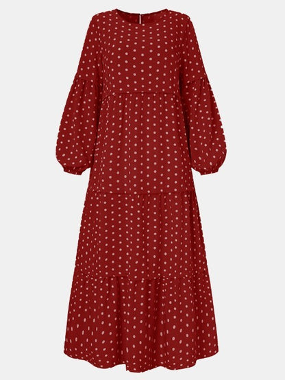 Polka Dot Print Round Neck Puff Long Sleeve Stitching Maxi Dress