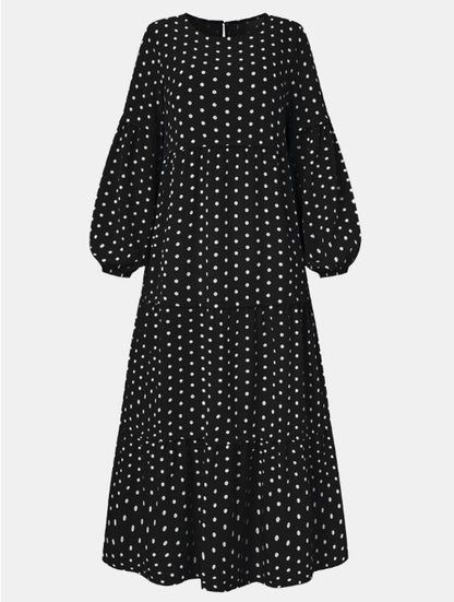 Polka Dot Print Round Neck Puff Long Sleeve Stitching Maxi Dress