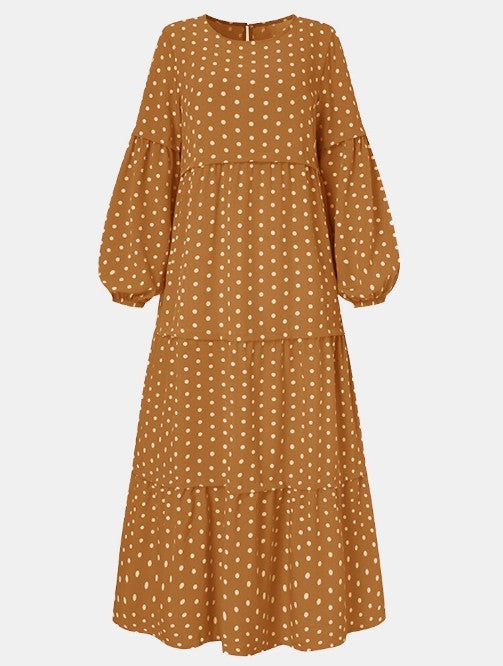 Polka Dot Print Round Neck Puff Long Sleeve Stitching Maxi Dress
