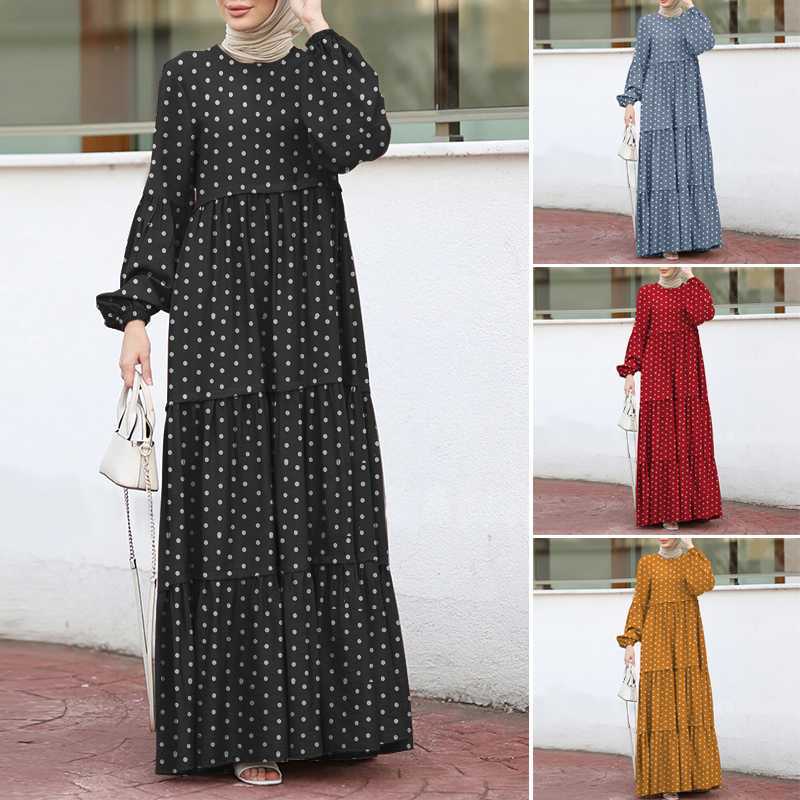 Polka Dot Print Round Neck Puff Long Sleeve Stitching Maxi Dress
