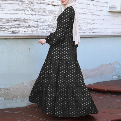 Polka Dot Print Round Neck Puff Long Sleeve Stitching Maxi Dress