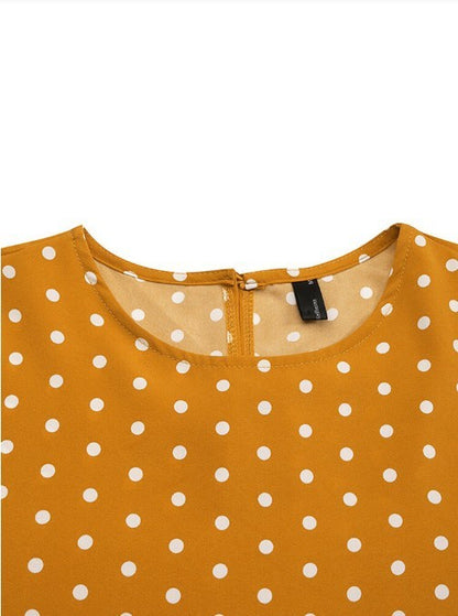 Polka Dot Print Round Neck Puff Long Sleeve Stitching Maxi Dress