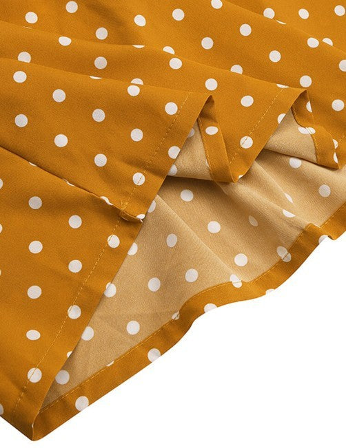 Polka Dot Print Round Neck Puff Long Sleeve Stitching Maxi Dress