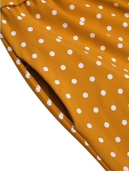 Polka Dot Print Round Neck Puff Long Sleeve Stitching Maxi Dress