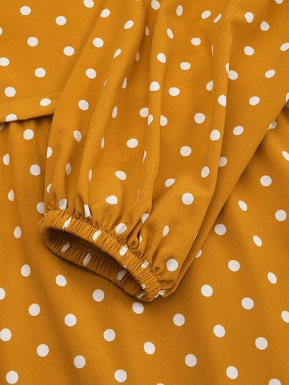 Polka Dot Print Round Neck Puff Long Sleeve Stitching Maxi Dress