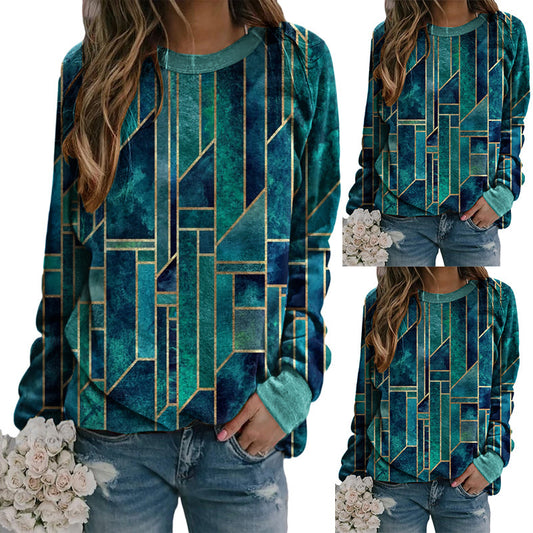 Geometric Pattern Round Neck Long Sleeve Loose Ladies Sweatshirt