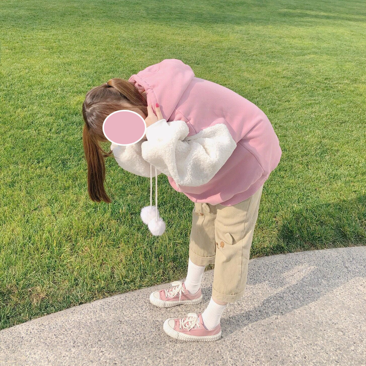 Autumn Kawaii Lolita Women Hooded Sweatshirt Solid Lamb Embroidery Patchwork Fleece Long Sleeve Hoodies Pullover Velvet Moletom