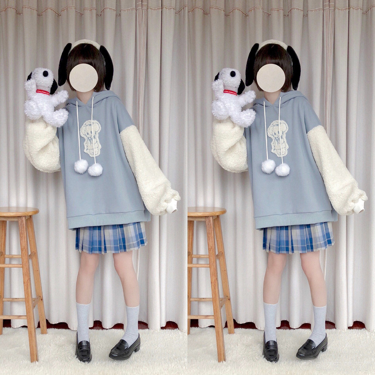 Autumn Kawaii Lolita Women Hooded Sweatshirt Solid Lamb Embroidery Patchwork Fleece Long Sleeve Hoodies Pullover Velvet Moletom