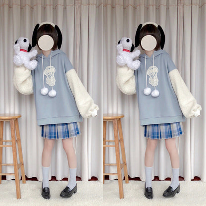 Autumn Kawaii Lolita Women Hooded Sweatshirt Solid Lamb Embroidery Patchwork Fleece Long Sleeve Hoodies Pullover Velvet Moletom