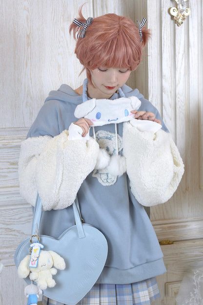 Autumn Kawaii Lolita Women Hooded Sweatshirt Solid Lamb Embroidery Patchwork Fleece Long Sleeve Hoodies Pullover Velvet Moletom