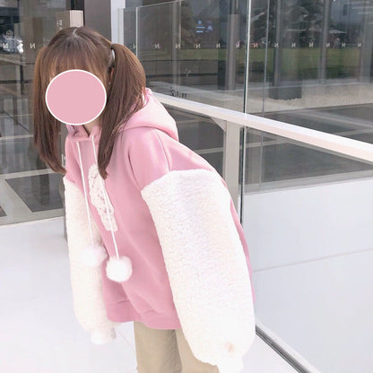 Autumn Kawaii Lolita Women Hooded Sweatshirt Solid Lamb Embroidery Patchwork Fleece Long Sleeve Hoodies Pullover Velvet Moletom