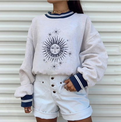 Women's Fashion Personality Printing Round Neck Loose Pullover Long Sleeve Sweater Women